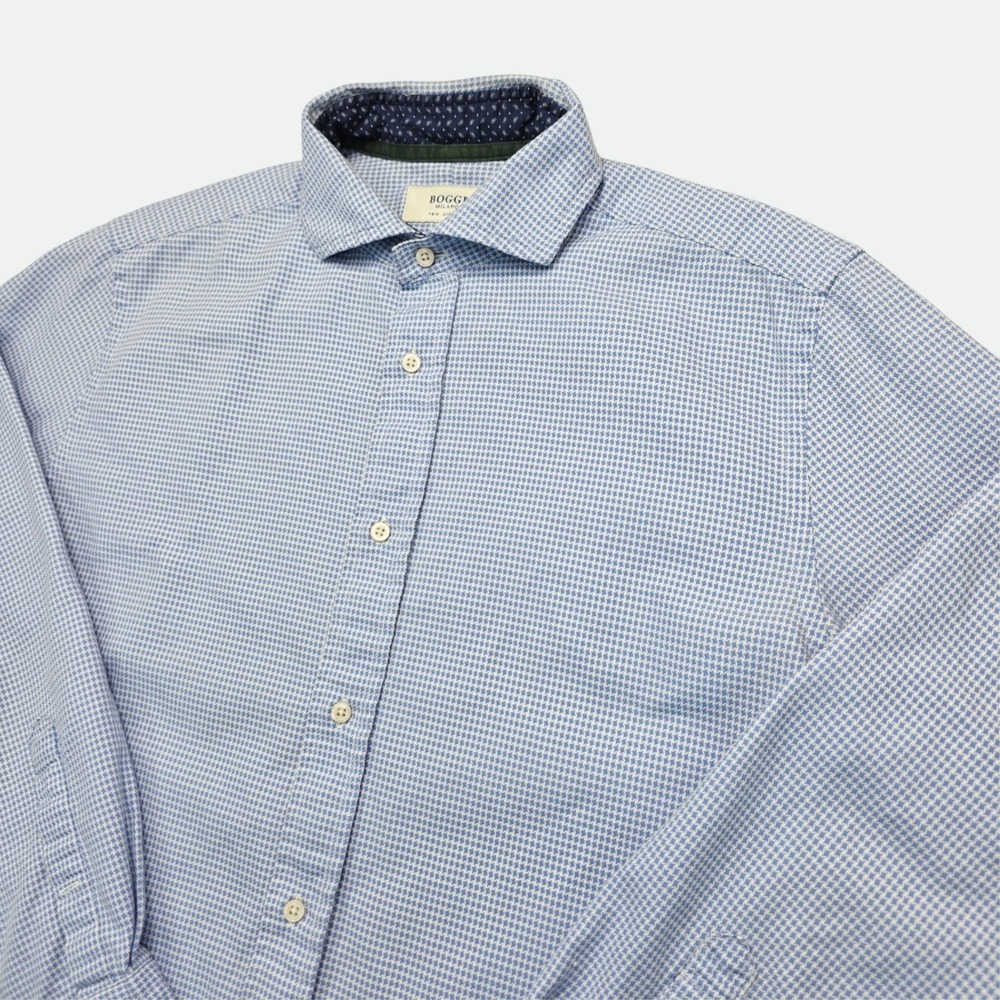 Boggi Milano New Classic Mens Blue Houndstooth Button Down Shirt Spread Collar - Picture 4 of 9